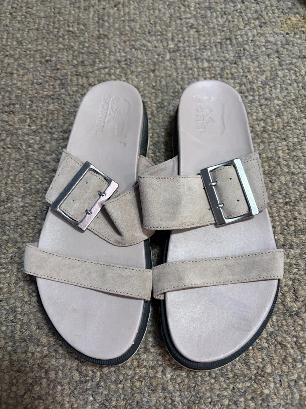 Sorel Women's Taupe Suede Double Strap Slide Sandals with Buckles